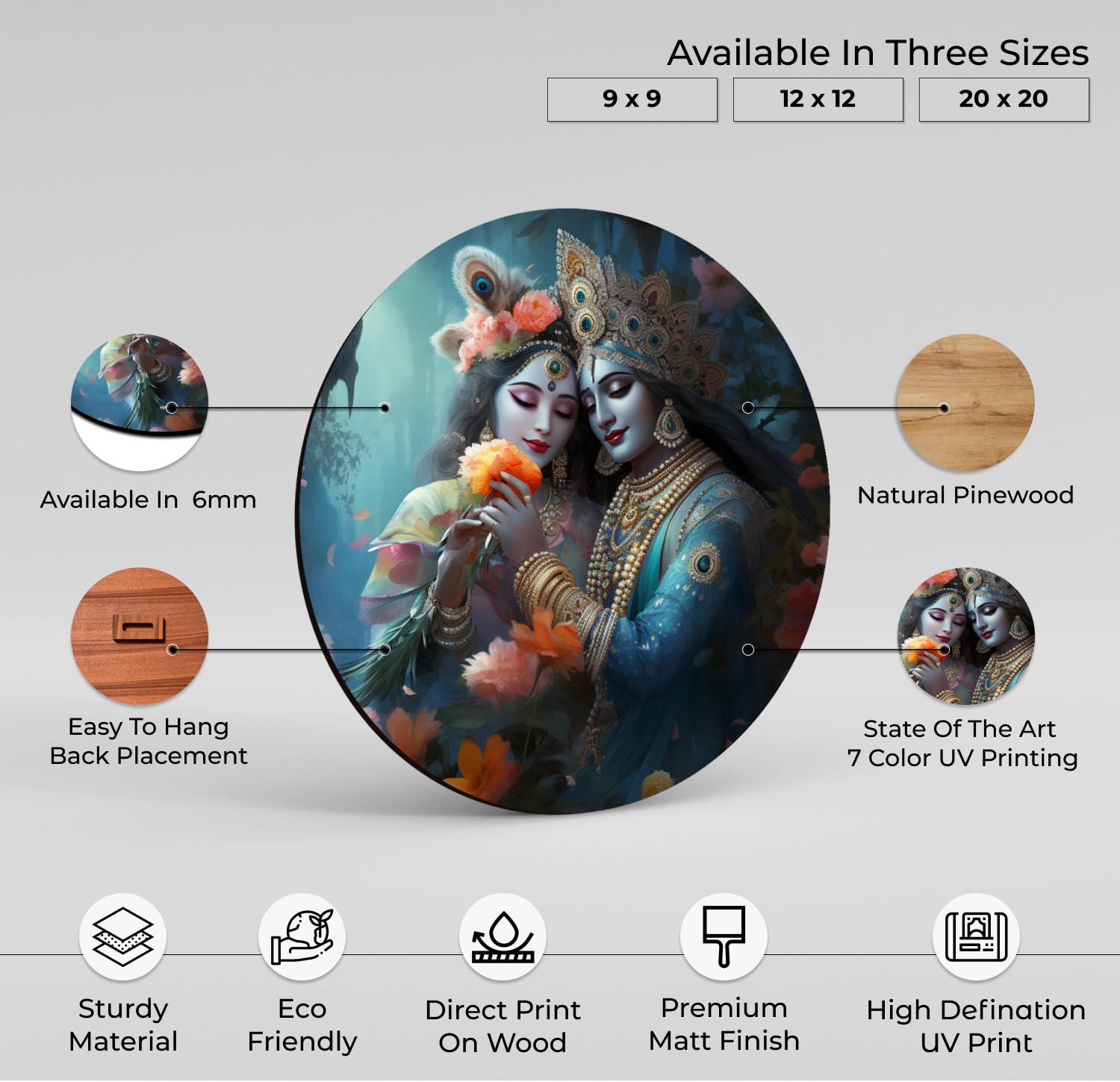 Chalk My Theme Beautiful Radha Krishna Murti, Radha Krishna Photo Frame, Radha Krishna Wall Decor, Round Wood Print Wall Art Pai